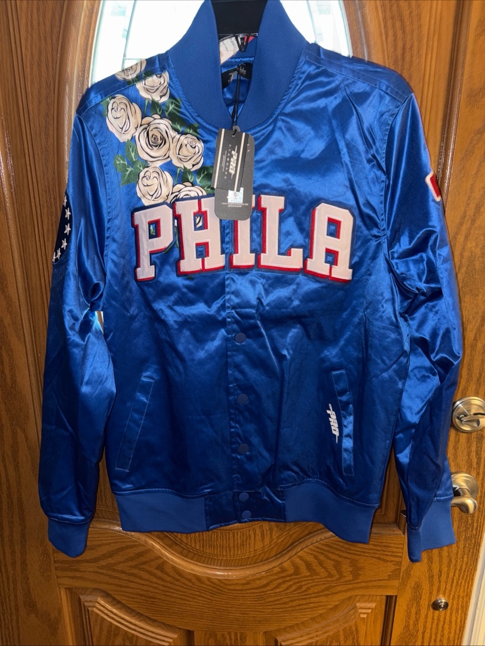 NWT PHILA 76ers Blue Satin Varsity Bomber Jacket Men’s Size:Small